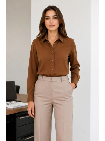 Kadın Uzun Kol Gömlek Düğmeli Klasik Yaka Günlük Ve Ofis Şıklığına Uygun - Kahverengi