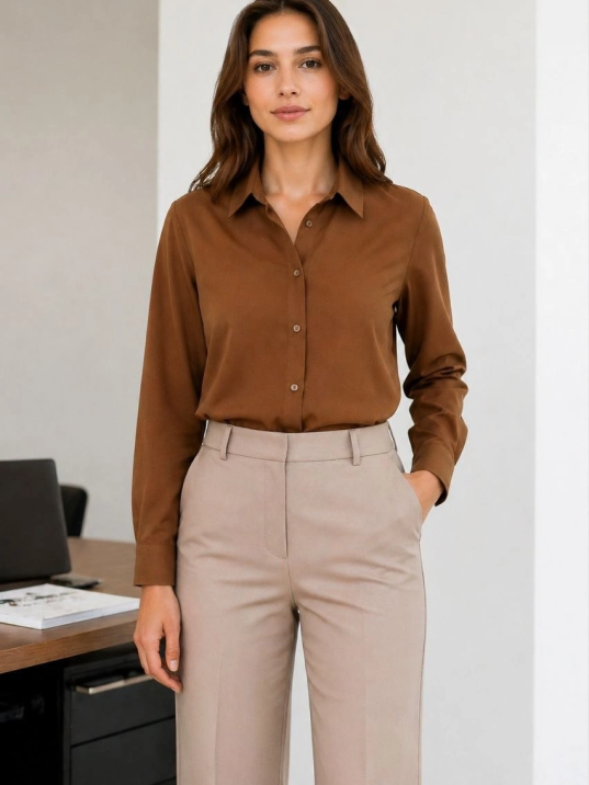 Kadın Uzun Kol Gömlek Düğmeli Klasik Yaka Günlük Ve Ofis Şıklığına Uygun - Kahverengi