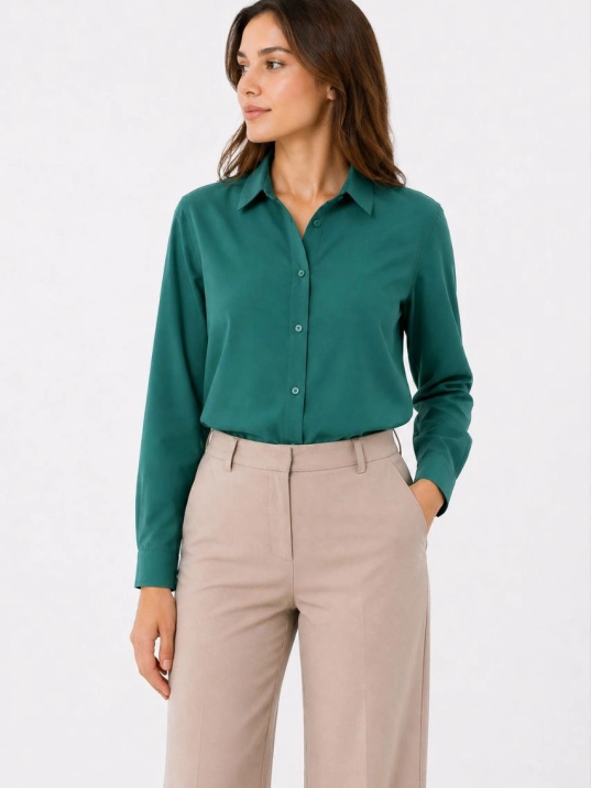 Kadın Uzun Kol Gömlek Düğmeli Klasik Yaka Günlük Ve Ofis Şıklığına Uygun - Çimen Yeşili