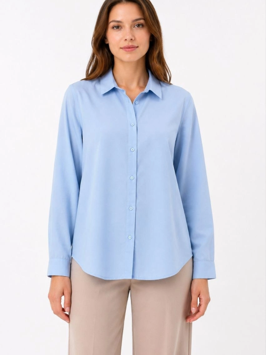 Kadın Uzun Kol Gömlek Düğmeli Klasik Yaka Günlük Ve Ofis Şıklığına Uygun - Açık Mavi