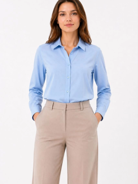 Kadın Uzun Kol Gömlek Düğmeli Klasik Yaka Günlük Ve Ofis Şıklığına Uygun - Açık Mavi