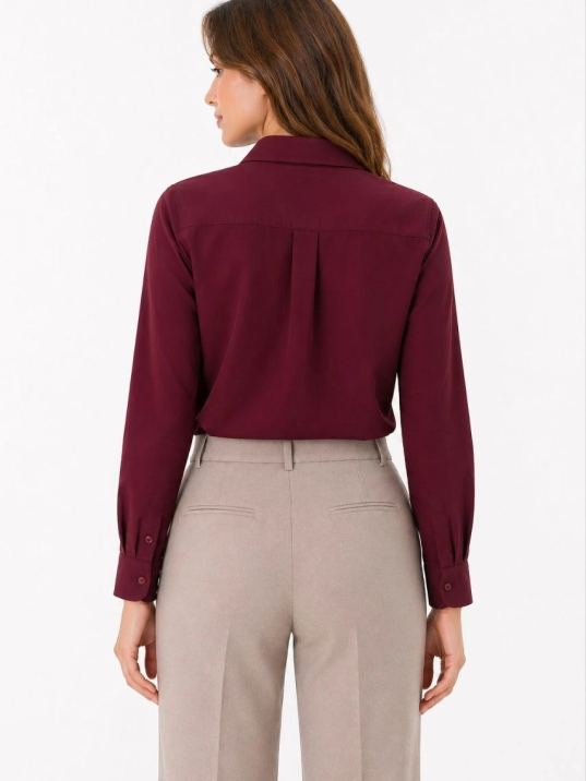 Kadın Uzun Kol Gömlek Düğmeli Klasik Yaka Günlük Ve Ofis Şıklığına Uygun - Bordo