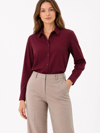 Kadın Uzun Kol Gömlek Düğmeli Klasik Yaka Günlük Ve Ofis Şıklığına Uygun - Bordo