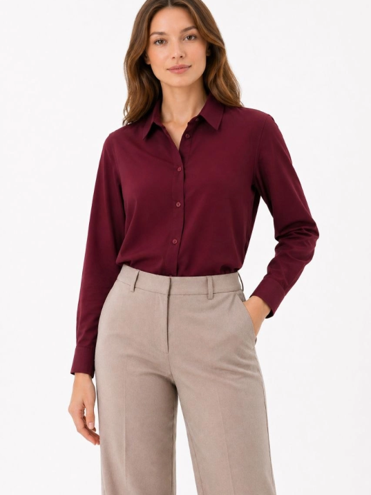 Kadın Uzun Kol Gömlek Düğmeli Klasik Yaka Günlük Ve Ofis Şıklığına Uygun - Bordo