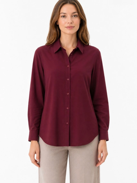 Kadın Uzun Kol Gömlek Düğmeli Klasik Yaka Günlük Ve Ofis Şıklığına Uygun - Bordo