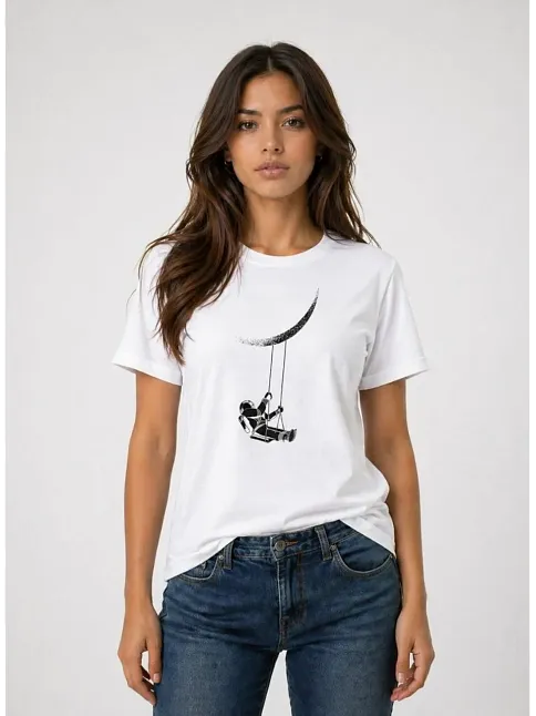 Kadın Astronot Ay Temalı Tişört Kısa Kol Yazlık Bisiklet Yaka T-shirt - Beyaz