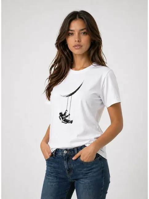 Kadın Astronot Ay Temalı Tişört Kısa Kol Yazlık Bisiklet Yaka T-shirt - Beyaz