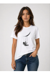 Kadın Astronot Ay Temalı Tişört Kısa Kol Yazlık Bisiklet Yaka T-shirt - Beyaz