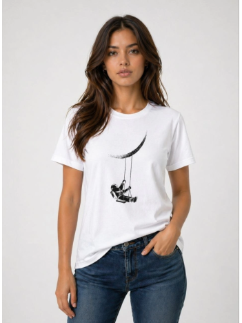 Kadın Astronot Ay Temalı Tişört Kısa Kol Yazlık Bisiklet Yaka T-shirt - Beyaz