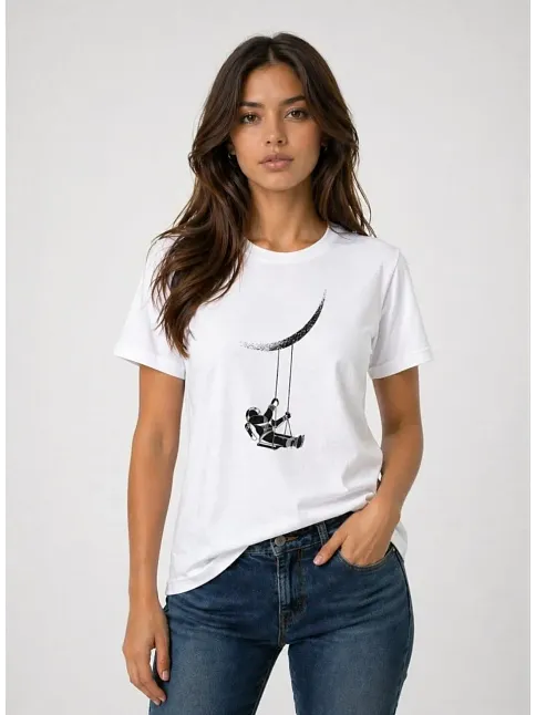 Kadın Astronot Ay Temalı Tişört Kısa Kol Yazlık Bisiklet Yaka T-shirt - Beyaz
