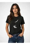 Kadın Astronot Ay Temalı Tişört Kısa Kol Yazlık Bisiklet Yaka T-shirt - Siyah