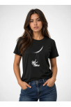 Kadın Astronot Ay Temalı Tişört Kısa Kol Yazlık Bisiklet Yaka T-shirt - Siyah