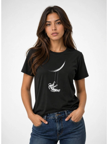 Kadın Astronot Ay Temalı Tişört Kısa Kol Yazlık Bisiklet Yaka T-shirt - Siyah