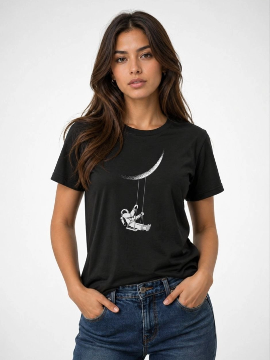 Kadın Astronot Ay Temalı Tişört Kısa Kol Yazlık Bisiklet Yaka T-shirt - Siyah