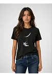 Kadın Astronot Ay Temalı Tişört Kısa Kol Yazlık Bisiklet Yaka T-shirt - Siyah
