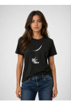 Kadın Astronot Ay Temalı Tişört Kısa Kol Yazlık Bisiklet Yaka T-shirt - Siyah
