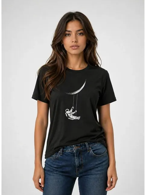 Kadın Astronot Ay Temalı Tişört Kısa Kol Yazlık Bisiklet Yaka T-shirt - Siyah