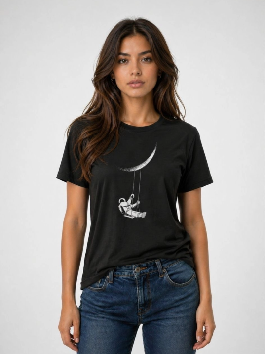 Kadın Astronot Ay Temalı Tişört Kısa Kol Yazlık Bisiklet Yaka T-shirt - Siyah