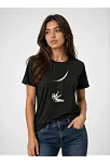 Kadın Astronot Ay Temalı Tişört Kısa Kol Yazlık Bisiklet Yaka T-shirt - Siyah