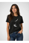 Kadın Astronot Ay Temalı Tişört Kısa Kol Yazlık Bisiklet Yaka T-shirt - Siyah