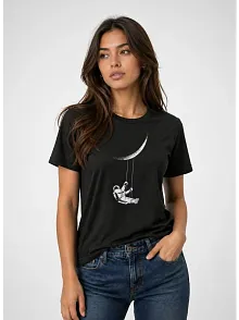 Kadın Astronot Ay Temalı Tişört Kısa Kol Yazlık Bisiklet Yaka T-shirt - Siyah