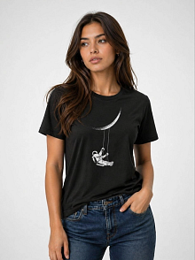 Kadın Astronot Ay Temalı Tişört Kısa Kol Yazlık Bisiklet Yaka T-shirt - Siyah