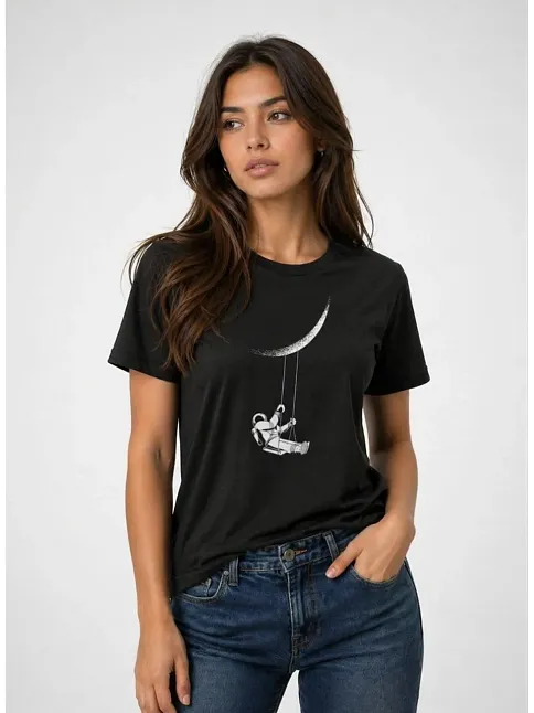 Kadın Astronot Ay Temalı Tişört Kısa Kol Yazlık Bisiklet Yaka T-shirt - Siyah