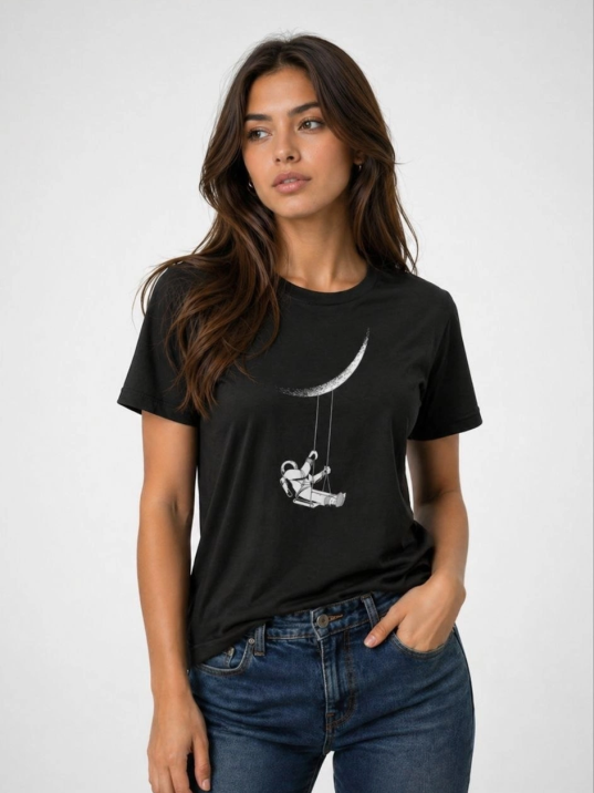 Kadın Astronot Ay Temalı Tişört Kısa Kol Yazlık Bisiklet Yaka T-shirt - Siyah