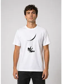 Erkek Astronot Ay Temalı Tişört Kısa Kol Yazlık Bisiklet Yaka T-shirt - Beyaz