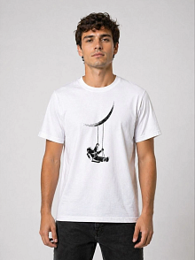 Erkek Astronot Ay Temalı Tişört Kısa Kol Yazlık Bisiklet Yaka T-shirt - Beyaz