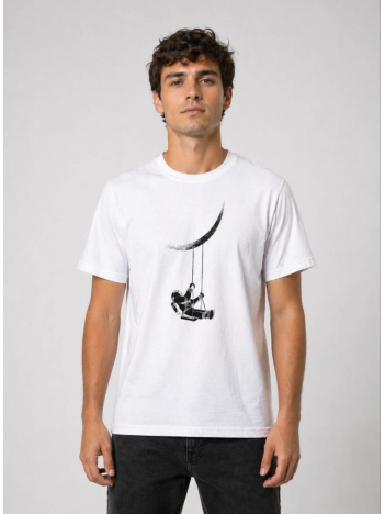 Erkek Astronot Ay Temalı Tişört Kısa Kol Yazlık Bisiklet Yaka T-shirt - Beyaz