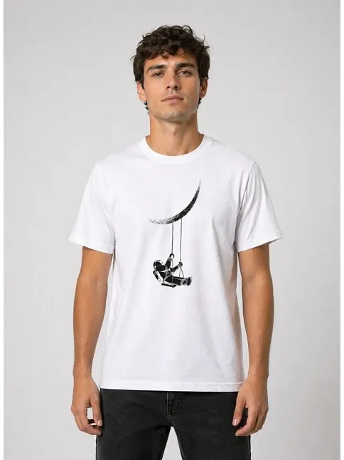Erkek Astronot Ay Temalı Tişört Kısa Kol Yazlık Bisiklet Yaka T-shirt - Beyaz