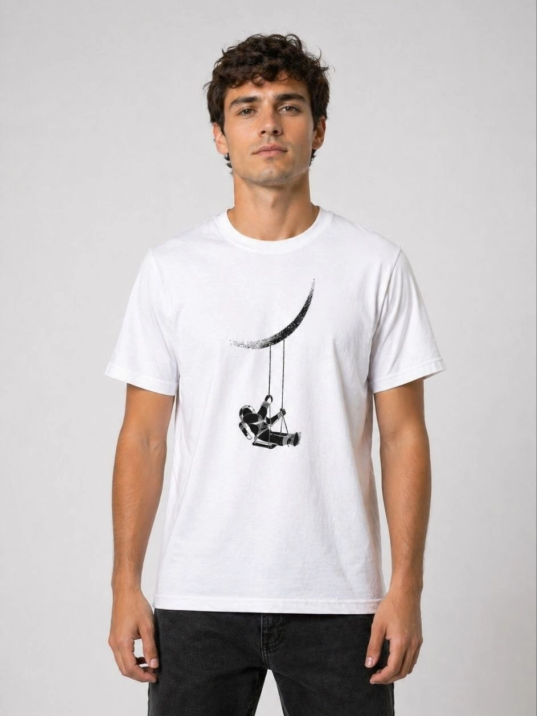 Erkek Astronot Ay Temalı Tişört Kısa Kol Yazlık Bisiklet Yaka T-shirt - Beyaz