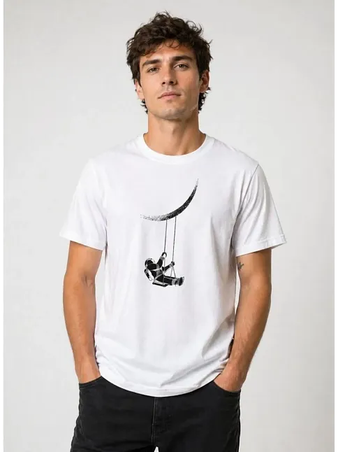 Erkek Astronot Ay Temalı Tişört Kısa Kol Yazlık Bisiklet Yaka T-shirt - Beyaz