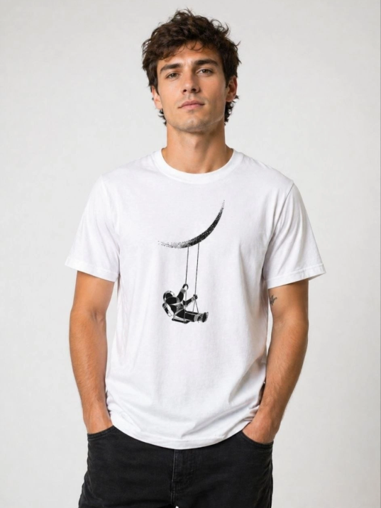 Erkek Astronot Ay Temalı Tişört Kısa Kol Yazlık Bisiklet Yaka T-shirt - Beyaz