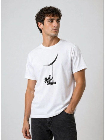 Erkek Astronot Ay Temalı Tişört Kısa Kol Yazlık Bisiklet Yaka T-shirt - Beyaz