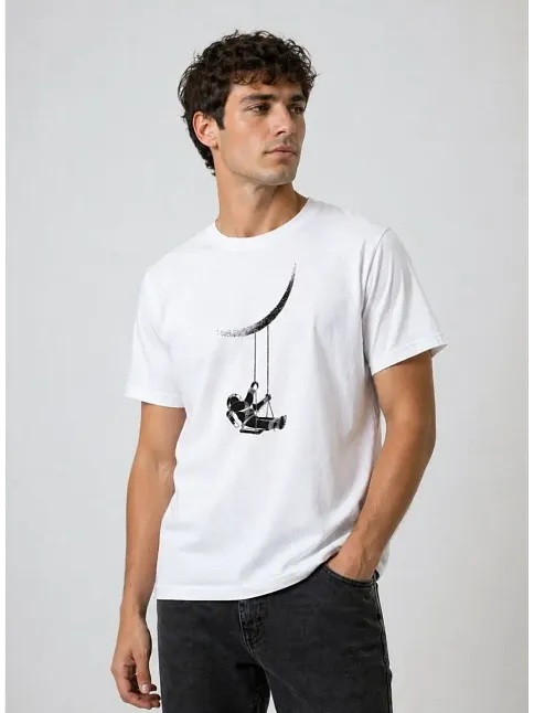 Erkek Astronot Ay Temalı Tişört Kısa Kol Yazlık Bisiklet Yaka T-shirt - Beyaz