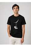 Erkek Astronot Ay Temalı Tişört Kısa Kol Yazlık Bisiklet Yaka T-shirt - Siyah