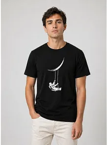 Erkek Astronot Ay Temalı Tişört Kısa Kol Yazlık Bisiklet Yaka T-shirt - Siyah