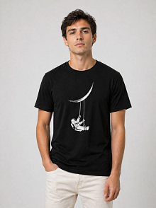Erkek Astronot Ay Temalı Tişört Kısa Kol Yazlık Bisiklet Yaka T-shirt - Siyah