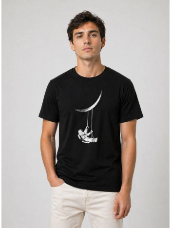 Erkek Astronot Ay Temalı Tişört Kısa Kol Yazlık Bisiklet Yaka T-shirt - Siyah