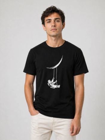 Erkek Astronot Ay Temalı Tişört Kısa Kol Yazlık Bisiklet Yaka T-shirt - Siyah