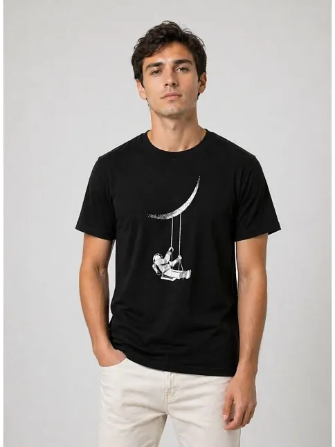 Erkek Astronot Ay Temalı Tişört Kısa Kol Yazlık Bisiklet Yaka T-shirt - Siyah