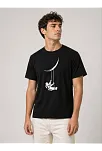 Erkek Astronot Ay Temalı Tişört Kısa Kol Yazlık Bisiklet Yaka T-shirt - Siyah