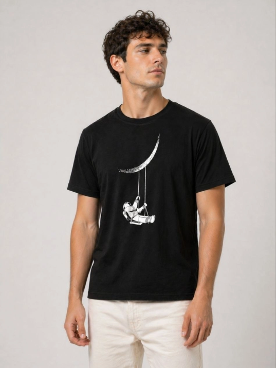 Erkek Astronot Ay Temalı Tişört Kısa Kol Yazlık Bisiklet Yaka T-shirt - Siyah