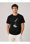 Erkek Astronot Ay Temalı Tişört Kısa Kol Yazlık Bisiklet Yaka T-shirt - Siyah