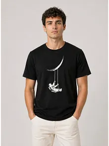 Erkek Astronot Ay Temalı Tişört Kısa Kol Yazlık Bisiklet Yaka T-shirt - Siyah