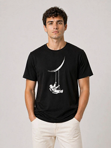 Erkek Astronot Ay Temalı Tişört Kısa Kol Yazlık Bisiklet Yaka T-shirt - Siyah