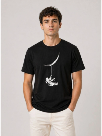 Erkek Astronot Ay Temalı Tişört Kısa Kol Yazlık Bisiklet Yaka T-shirt - Siyah