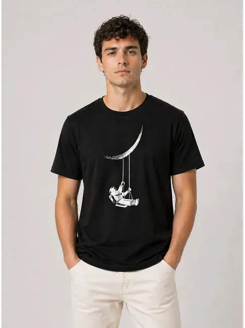 Erkek Astronot Ay Temalı Tişört Kısa Kol Yazlık Bisiklet Yaka T-shirt - Siyah